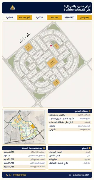 أرض - تم التخصيص 276 م² — مدينة العبور الجديدة، الحي الثامن، مجاورة 6 — صورة العرض — 2