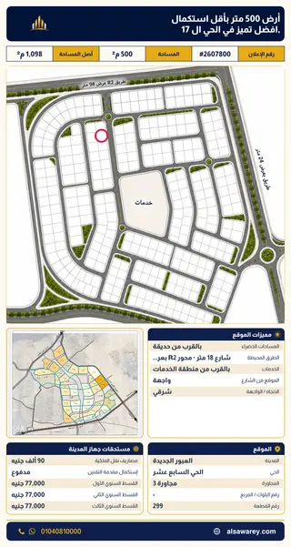أرض - تم التخصيص 500 م² — مدينة العبور الجديدة، الحي السابع عشر، مجاورة 3 — صورة العرض — 2