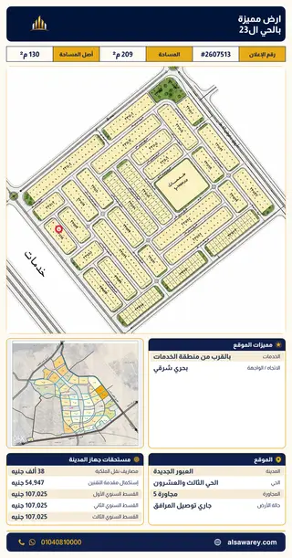 أرض - تم التخصيص 209 م² — مدينة العبور الجديدة، الحي الثالث والعشرون، مجاورة 5 — صورة العرض — 2