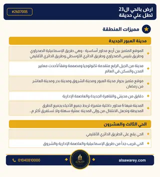 أرض - تم التخصيص 209 م² — مدينة العبور الجديدة، الحي الثالث والعشرون، مجاورة 6 — صورة العرض — 2
