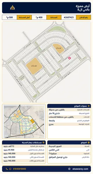 أرض - تم التخصيص 400 م² — مدينة العبور الجديدة، الحي الثامن، مجاورة 7 — صورة العرض — 2