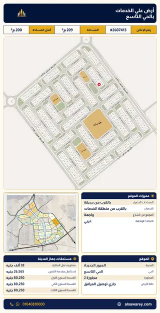 أرض - تم التخصيص 209 م² — مدينة العبور الجديدة، الحي التاسع، مجاورة 2 — صورة العرض — 2