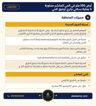 أرض - تم التخصيص 500 م² — مدينة العبور الجديدة، الحي العاشر، مجاورة 6 — صورة العرض — 3