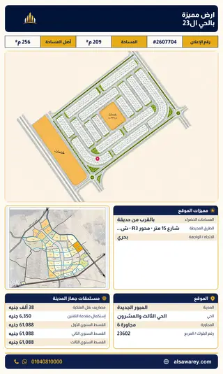 أرض - تم التخصيص 209 م² — مدينة العبور الجديدة، الحي الثالث والعشرون، مجاورة 6 — صورة العرض — 2